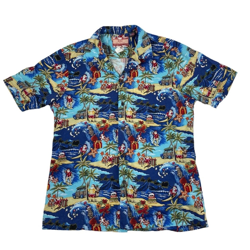 RJC Blue Santa Christmas Hawaiian Shirt Mens Medium AOP Cotton Button Front USA